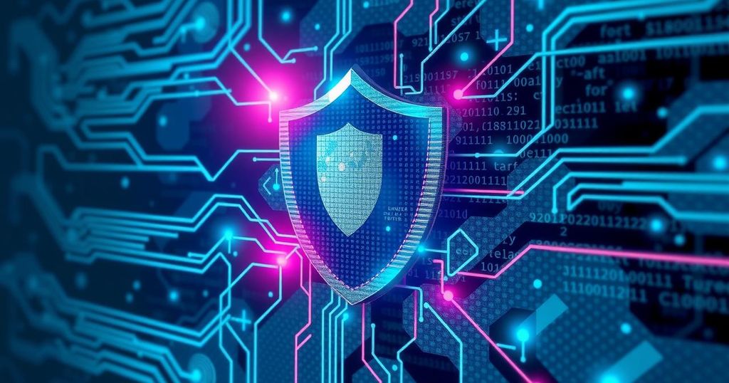 A visual representation of cybersecurity, featuring a digital shield and abstract malware patterns in cool colors.