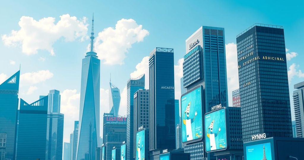 A vibrant city skyline representing innovation and technology, with modern skyscrapers under a clear blue sky.