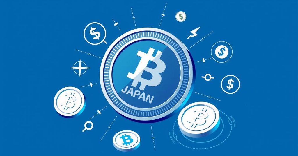Illustration of Japan's crypto regulations featuring a digital token and financial symbols with a modern style and blue color scheme.