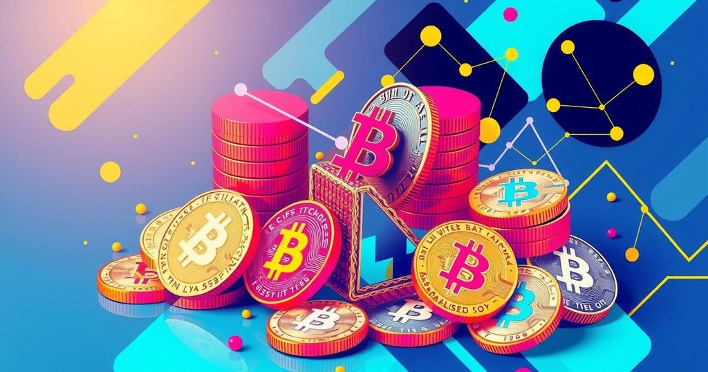 Colorful illustration of cryptocurrency coins with vibrant digital patterns symbolizing market volatility and innovation.