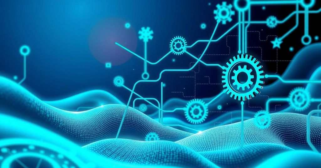 Vibrant digital landscape depicting artificial intelligence concept with diverse technology symbols and circuitry in blue and green hues.
