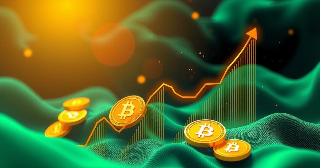 Abstract representation of Bitcoin price rally with rising charts and digital currency motifs in green and gold colors.