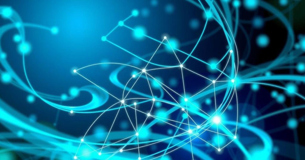 A digital representation of artificial intelligence combating fraud in financial services, featuring abstract data streams and graphs