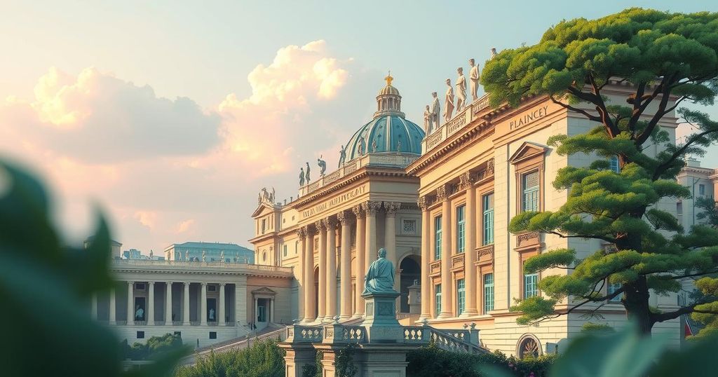 Vatican architecture symbolizing ethics in technology, with spiritual motifs and serene natural elements.