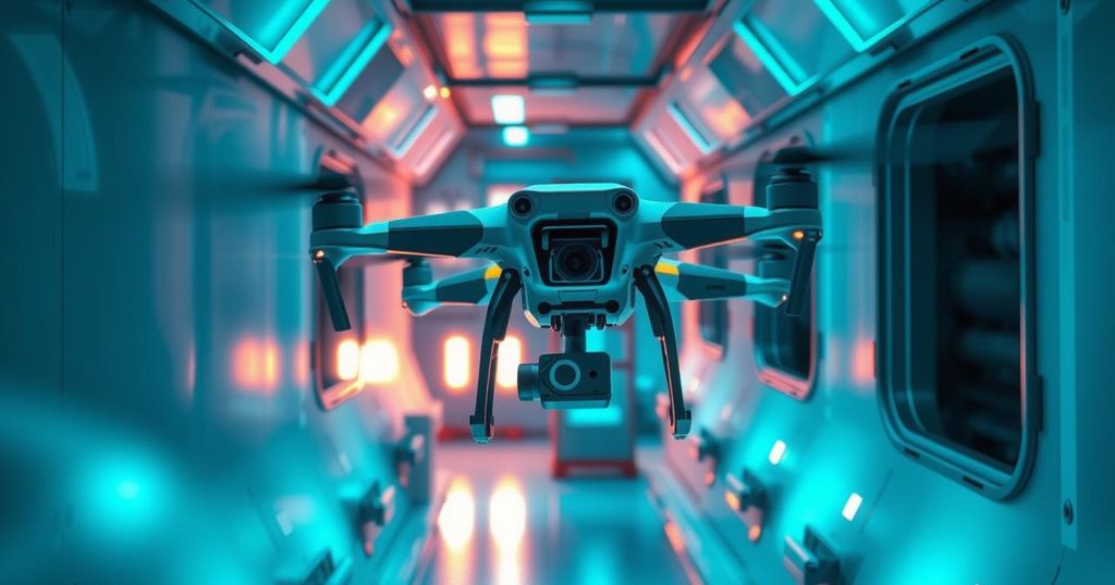 A drone surveying a ship's interior using advanced technology with a high-tech aesthetic and blue-green color scheme.