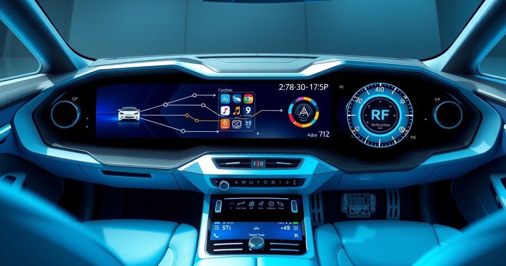 A modern car dashboard with advanced RF technology features in a sleek design, showcasing automotive innovation.