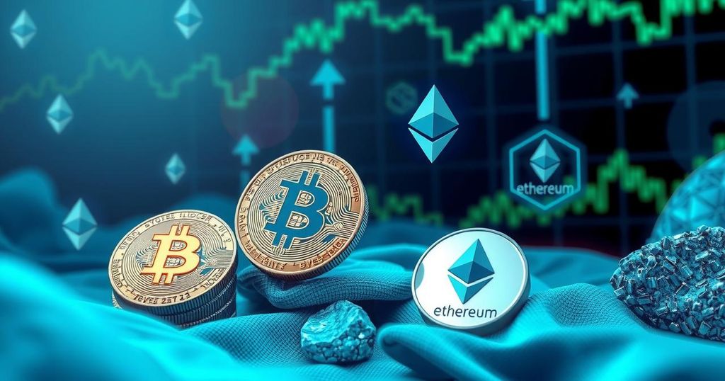 Cryptocurrency market volatility with prominent coins in a digital financial landscape