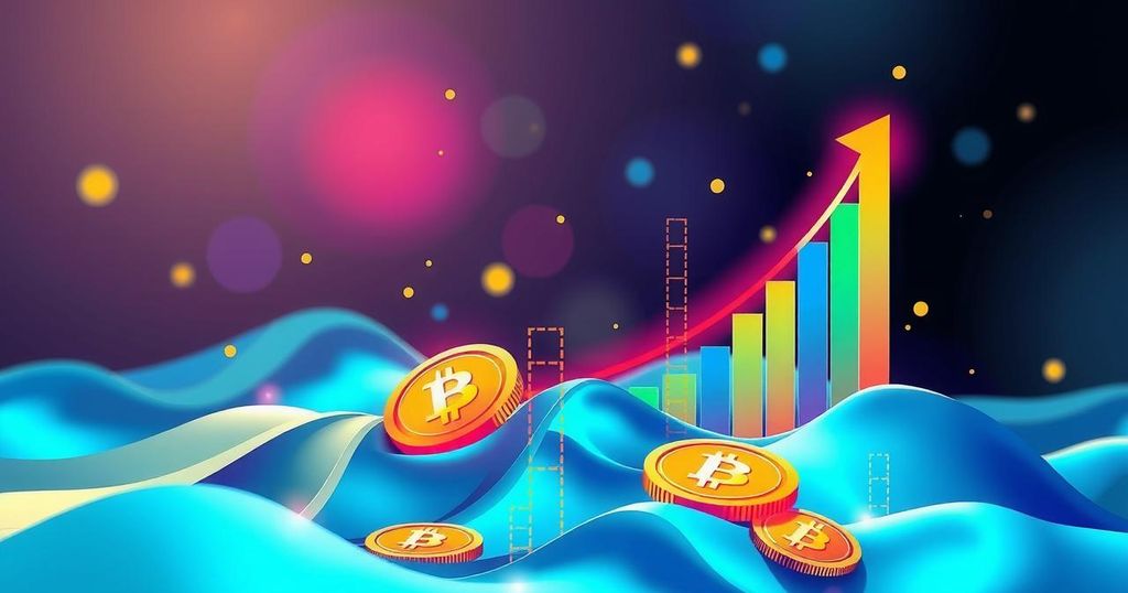 A colorful digital landscape illustrating crypto growth with vibrant charts and tokens against a futuristic backdrop