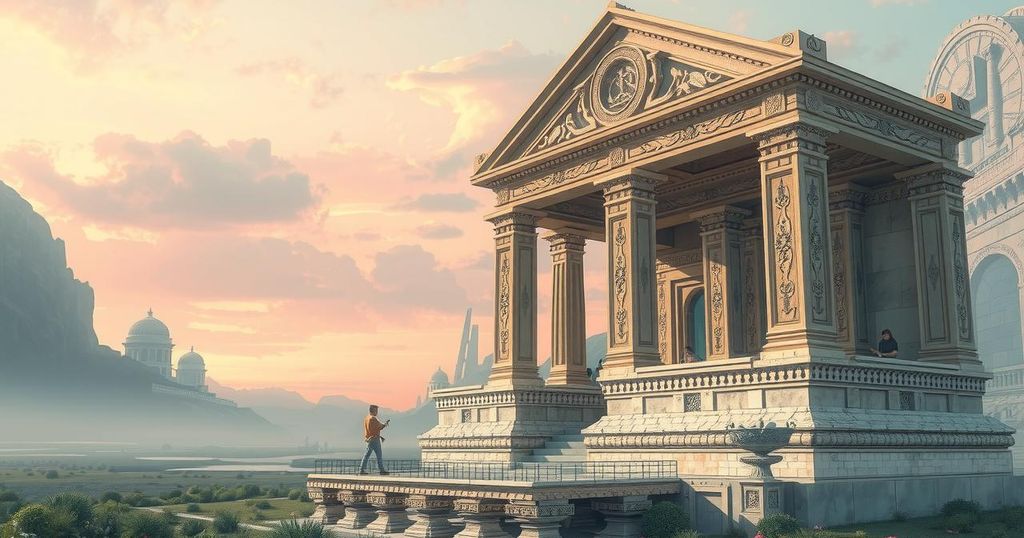 A serene landscape depicting an ancient architecture, symbolizing ethics in technology, with soft pastel colors.