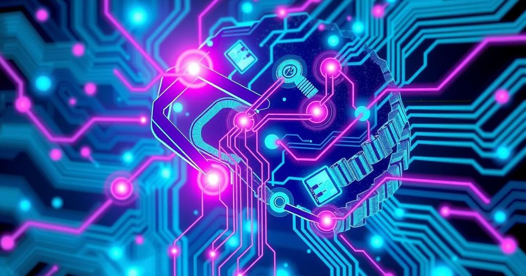 A digital illustration of an abstract AI concept with interconnected circuits in vibrant colors representing innovation.
