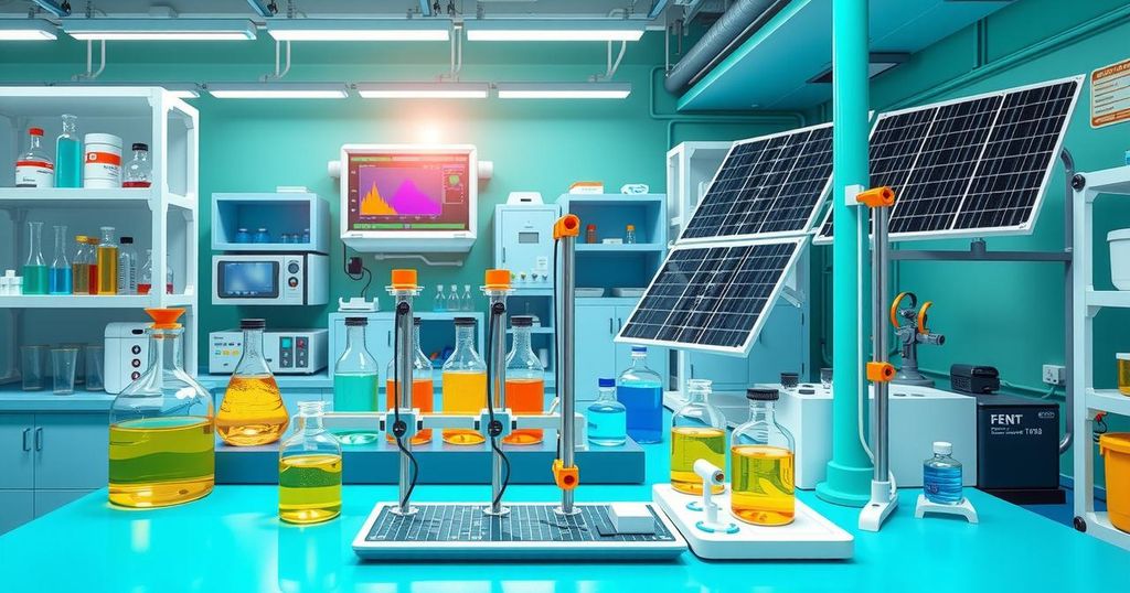 A scene in a modern chemistry lab filled with equipment and research materials demonstrating advancements in technology.