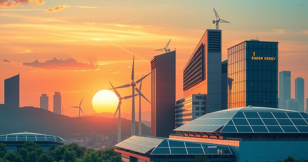 A vibrant illustration of a futuristic city skyline with wind turbines and solar panels, symbolizing energy innovation.
