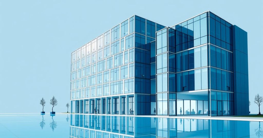 Corporate office building of a tech company amidst modern architecture with a focus on innovation and technology.