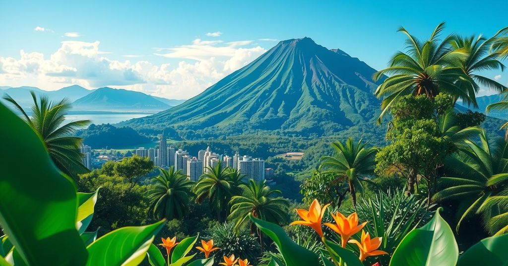 A lush landscape with a volcano, vibrant jungle, and a glimpse of coastal water, symbolizing future Bitcoin City.