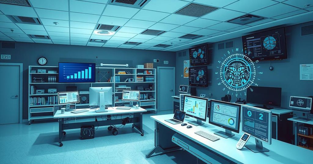 Medical students exploring AI technologies in a university lab setting with research tools and computers.