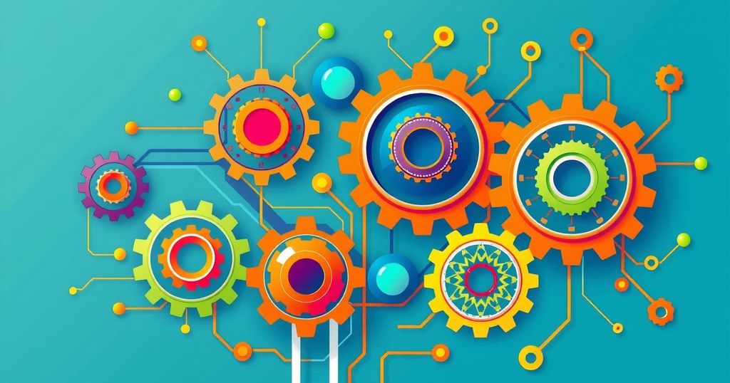 Colorful robotics concept with gears and circuits representing India's growing robotics industry in 2024.