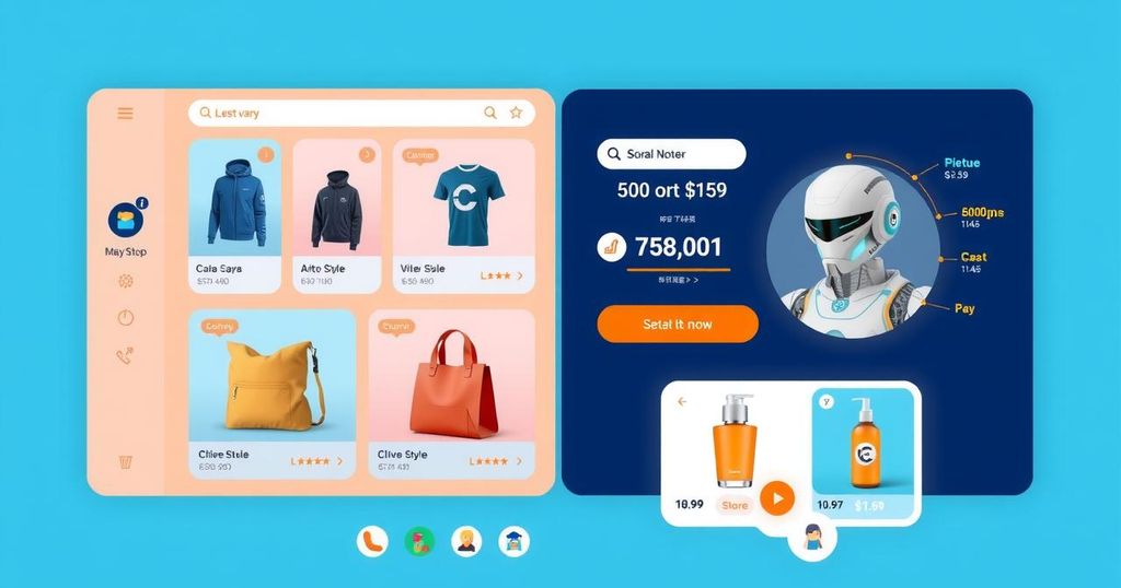 A modern digital shopping interface featuring artificial intelligence technology and vibrant colors.