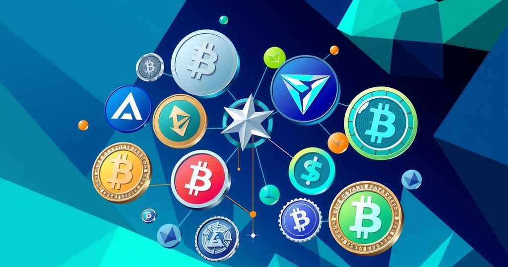 An artistic rendition of diverse cryptocurrencies with a modern digital style and a vibrant blue and green color scheme.