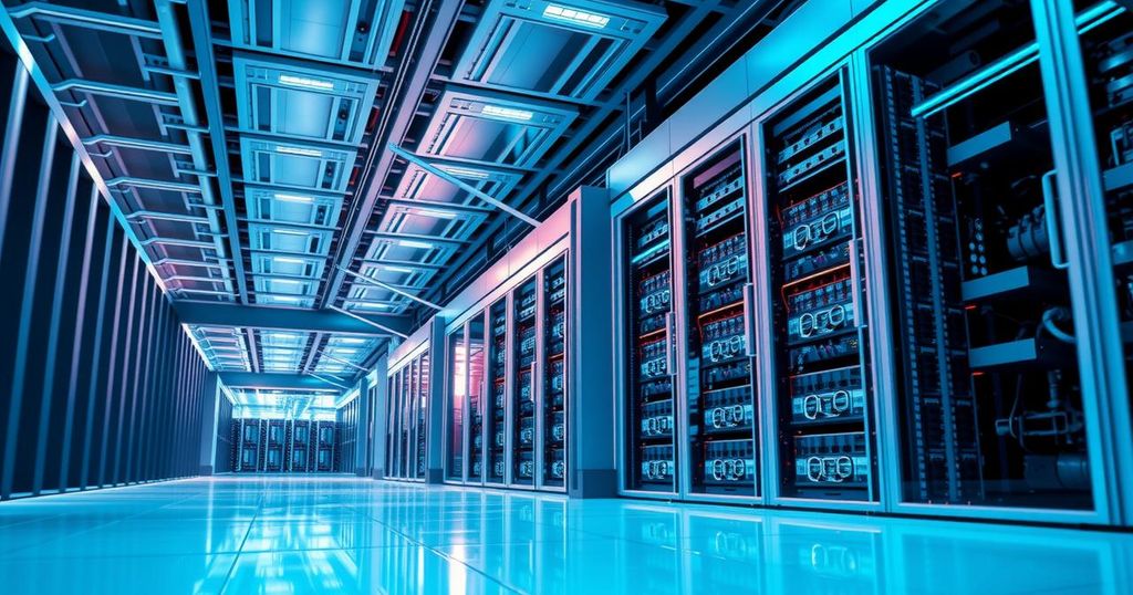 A digital illustration of futuristic data centers powered by artificial intelligence.