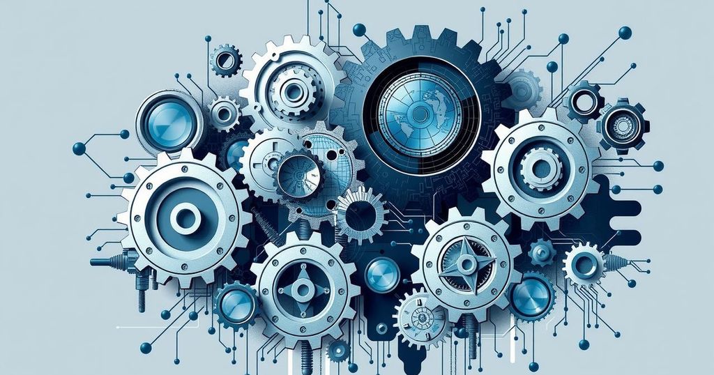 A vibrant engineering collage featuring gears, circuits, and technological advancements, showcasing innovation and research.