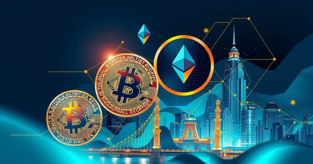 An abstract representation of cryptocurrency symbols with digital trends, showcasing India's economic potential.