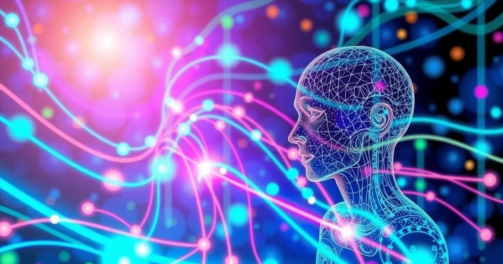 Abstract representation of AI's influence on scientific research with colorful data patterns and algorithms.