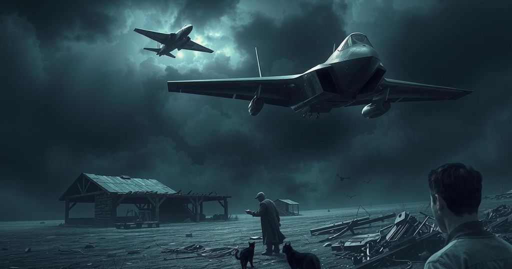 AI-generated cinematic scene of a stealth bomber and a woman feeding cats among rubble in a dark sky.