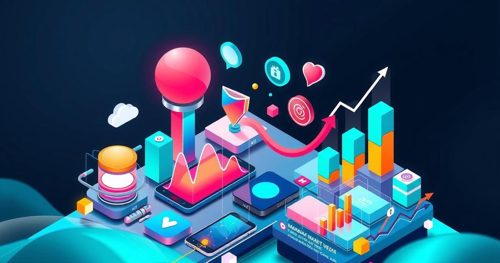 A vibrant composition reflecting tech innovations in marketing with digital tools, colorful graphs, and smart devices.