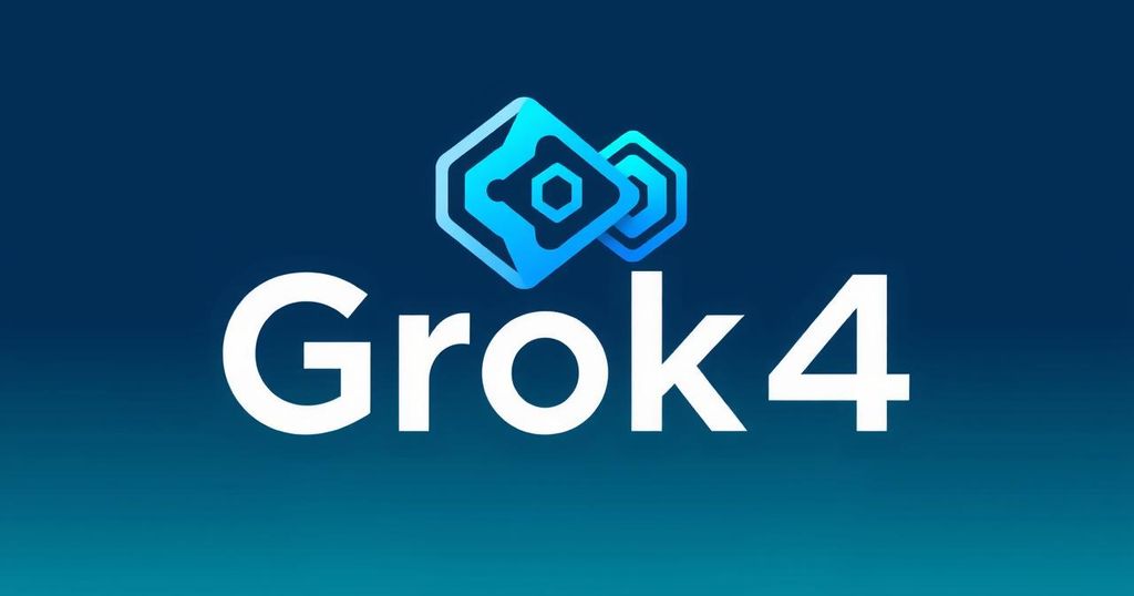 Grok 4 logo featuring a sleek design with futuristic elements and a vibrant blue and teal color scheme.