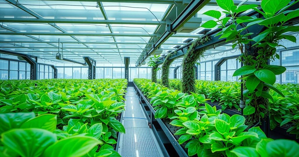 Smart automated greenhouse with AI technology and vibrant green plants represents cannabis technology innovation.