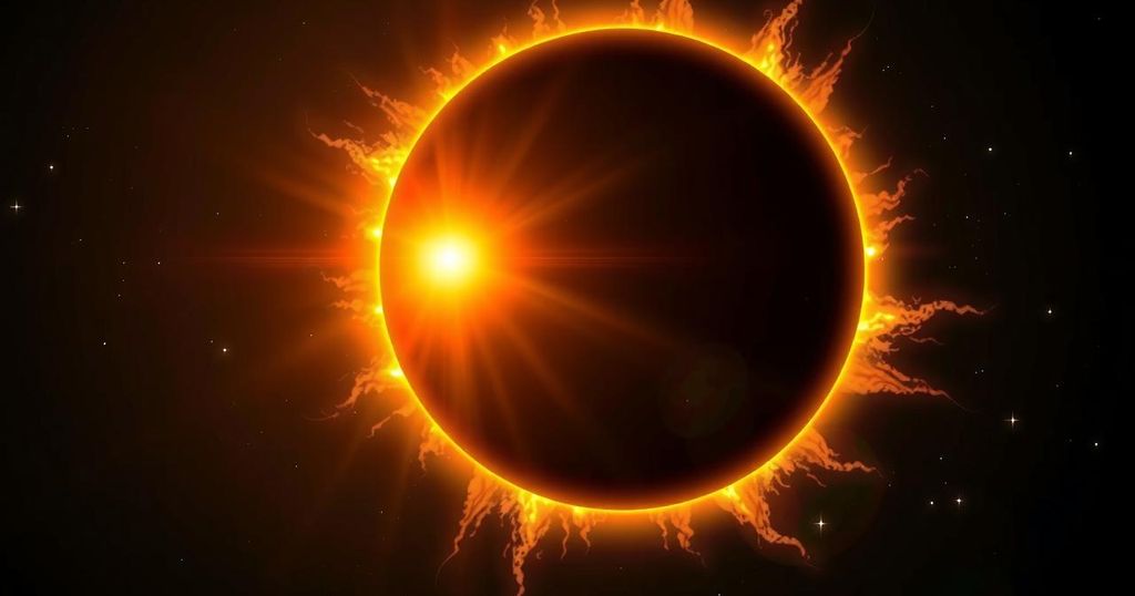 Captivating view of a total solar eclipse with a vibrant sun and darkened sky surrounded by celestial bodies.