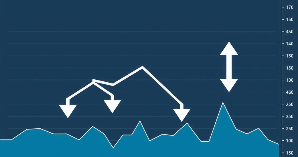 A graph showing Bitcoin price decline below 108k with upward and downward arrows, depicting volatility in cryptocurrency markets.
