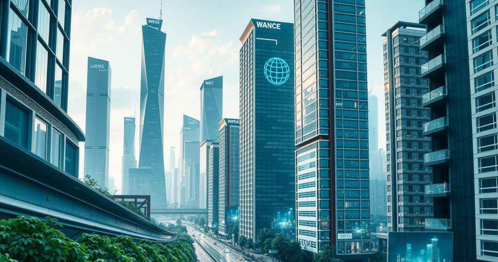 Futuristic cityscape showcasing technology trends like AI and edge computing amidst greenery and sustainable elements.