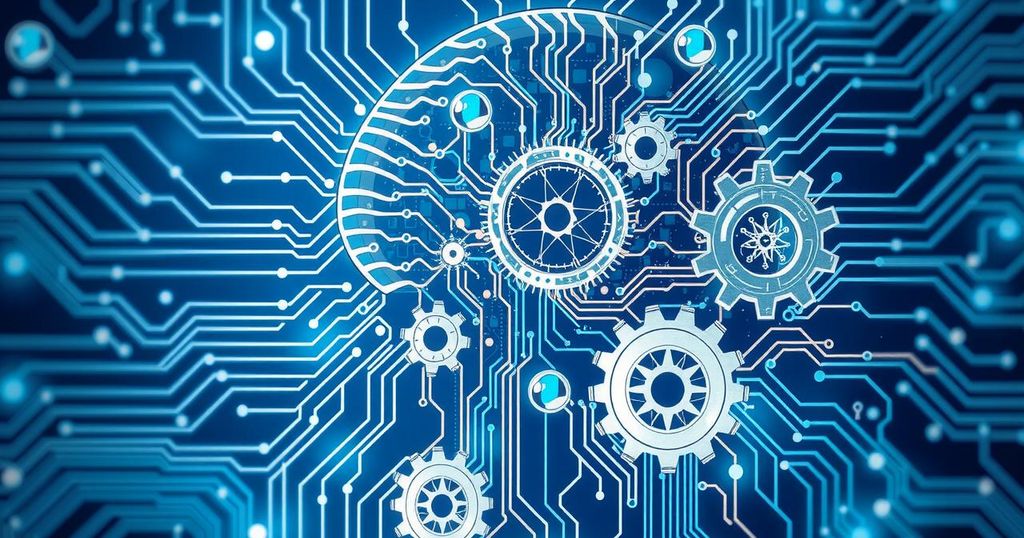 A digital representation of artificial intelligence with circuits and gears against a blue and white background.