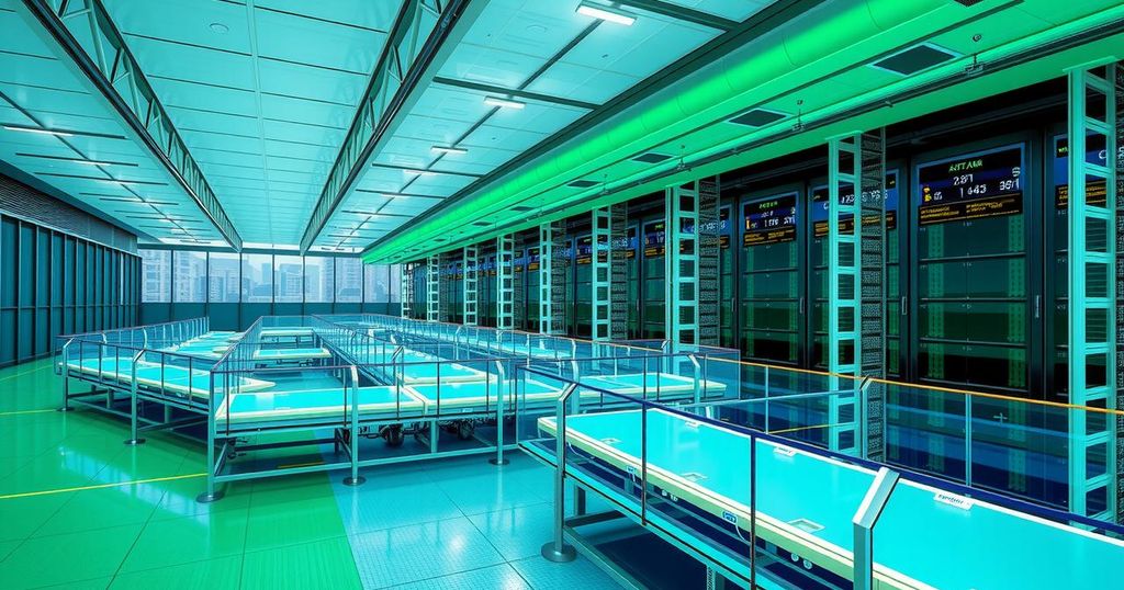 A futuristic AI data center, showcasing sleek architecture and vibrant energy-efficient designs in green and blue tones.