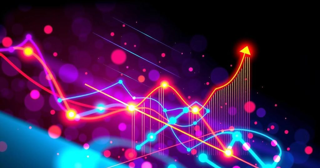 Colorful light trails representing cryptocurrency gains against dark space background with geometric patterns.