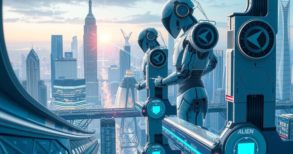 A futuristic city skyline with robots working autonomously, showcasing technological transformation and progress.