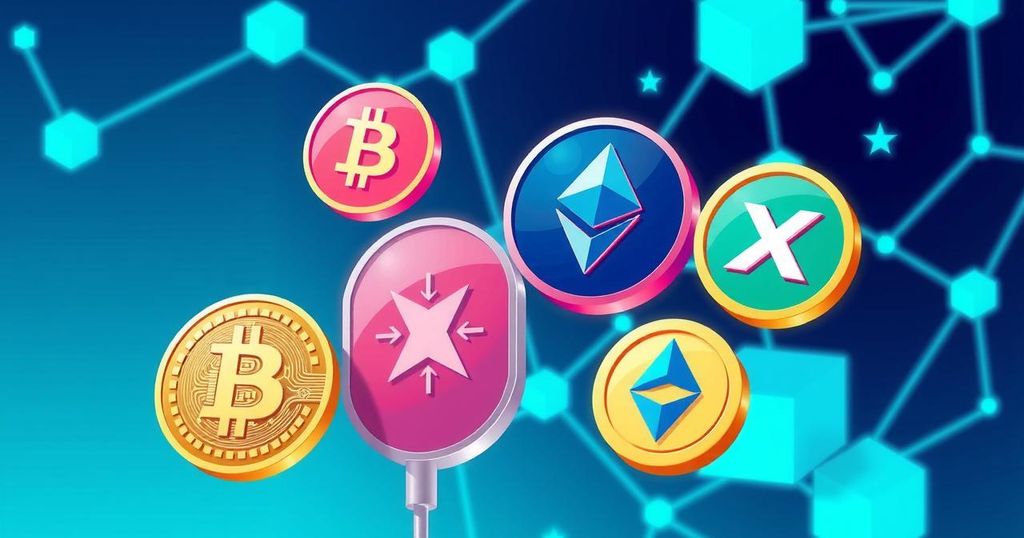 An illustrated representation of cryptocurrencies with symbols of Bitcoin, Ethereum, and XRP on a blockchain background.