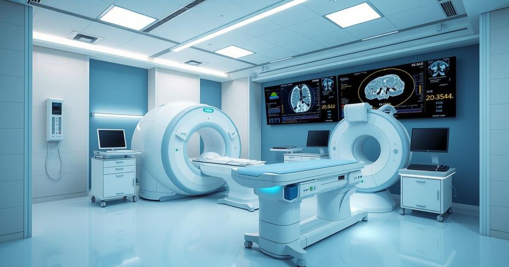 Modern medical imaging technology enhanced by AI and machine learning, showcasing systems and digital overlays.