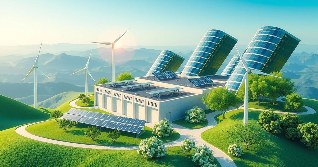 A modern data center with solar panels and wind turbines in a vibrant landscape, suggesting innovation and sustainability.