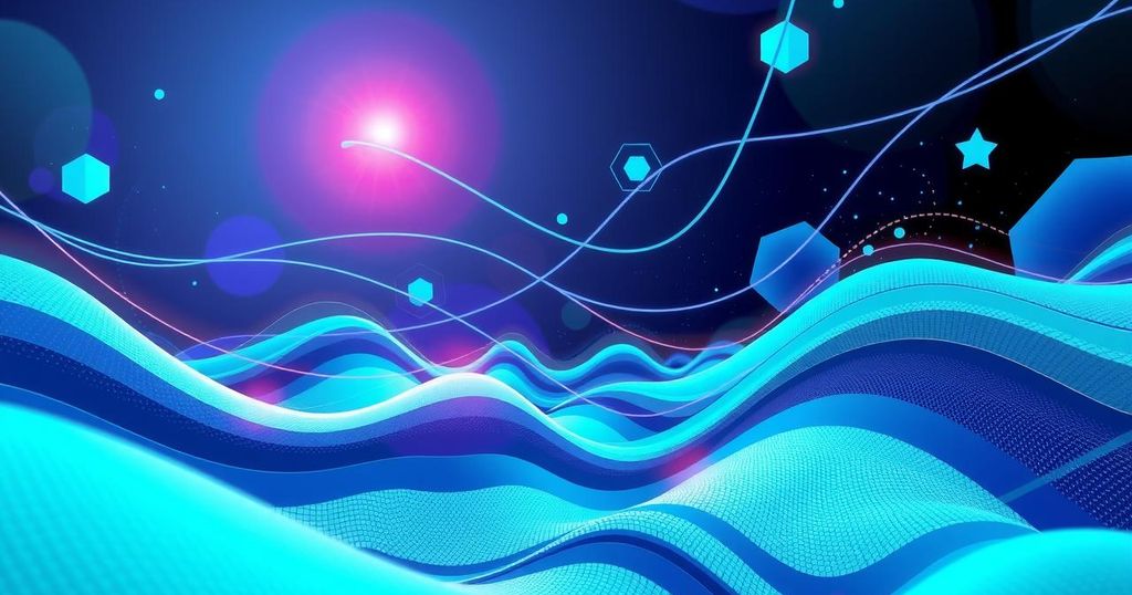 A vibrant digital landscape illustrating media transformation through artificial intelligence with innovative technology themes.