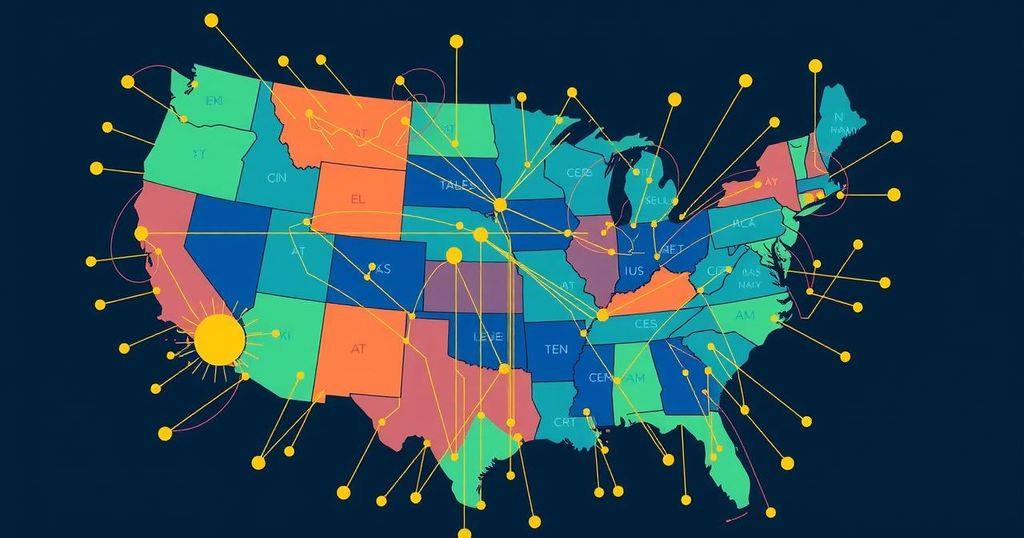 An abstract representation of AI growth across U.S. regions with vibrant tech colors and patterns.