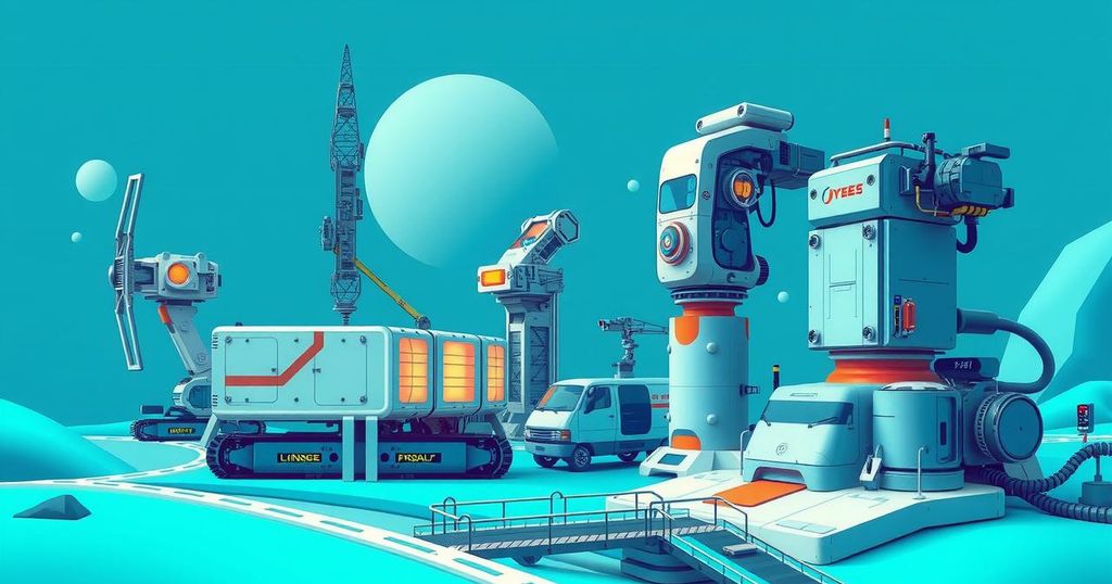 Futuristic technology landscape showcasing robots and automation in vibrant colors.