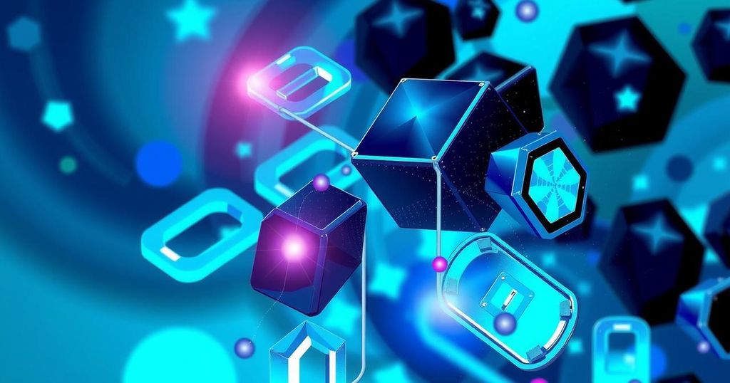 Abstract representation of quantum-inspired AI model compression with vibrant colors and geometric shapes.