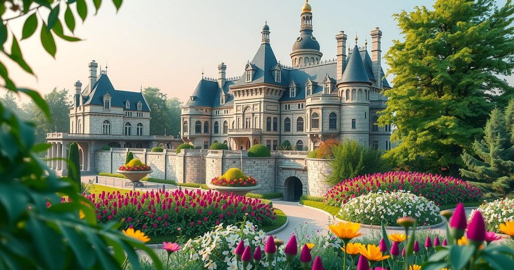 A vibrant conference setting with a modern castle and greenery, symbolizing innovation in Europe's startup scene.