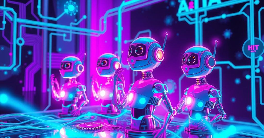 A digital illustration of AI chatbots in a vibrant tech environment, showcasing emotions through glowing circuits and data streams.
