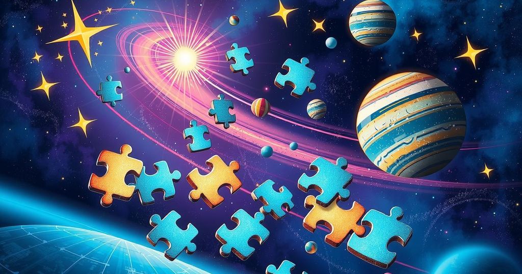 A colorful abstract representation of a science jigsaw puzzle, featuring bright cosmic elements and educational motifs.