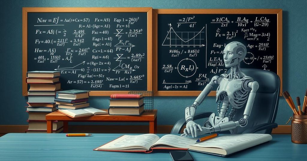 A serene mathematician's workspace with advanced AI technology and complex formulas on a chalkboard.