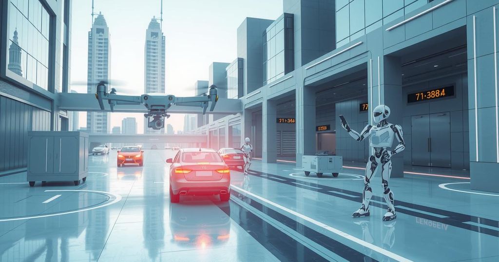 A futuristic landscape with drones and robots autonomously operating, showcasing the evolution of AI technology.