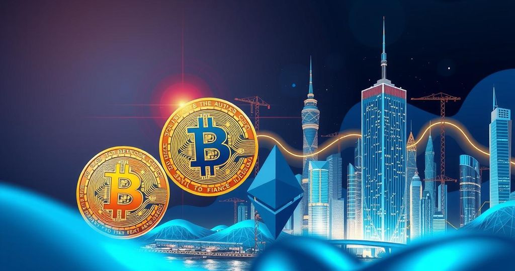 A digital landscape illustrating cryptocurrency themes, featuring Bitcoin and Ethereum symbols, amidst vibrant blue and gold hues.